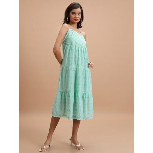 Ketch Cotton Blend Women Regular Fit Green Dress Mid-Calf Length Kha1000079