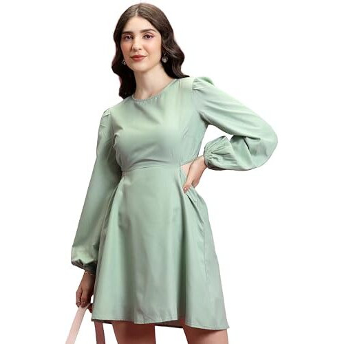 Ketch Cotton Blend Women Casual Fit Green Dress Above The Knee Khj6000635