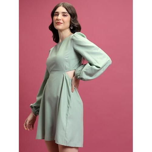 Ketch Cotton Blend Women Casual Fit Green Dress Above The Knee Khj6000635