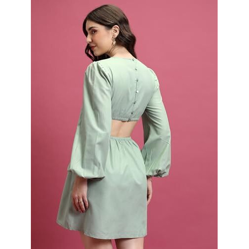 Ketch Cotton Blend Women Casual Fit Green Dress Above The Knee Khj6000635
