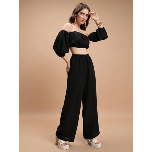 Ketch Women's Polyester Below The Knee Co-Ord Set (Khce000116_Black