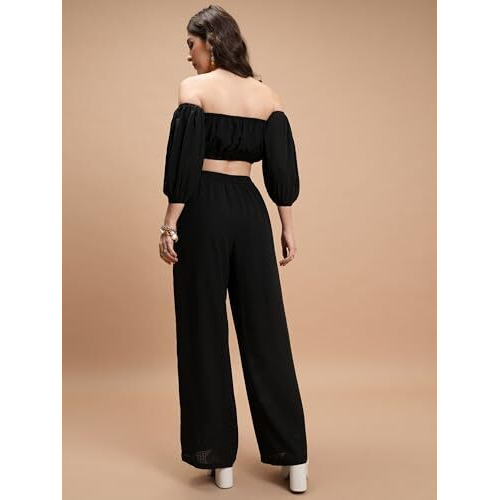 Ketch Women's Polyester Below The Knee Co-Ord Set (Khce000116_Black