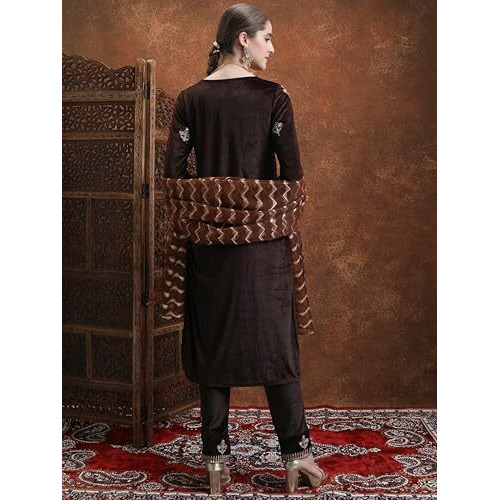 Ketch Women's Polyester Ethnic Set (Khk3001181_Coffee