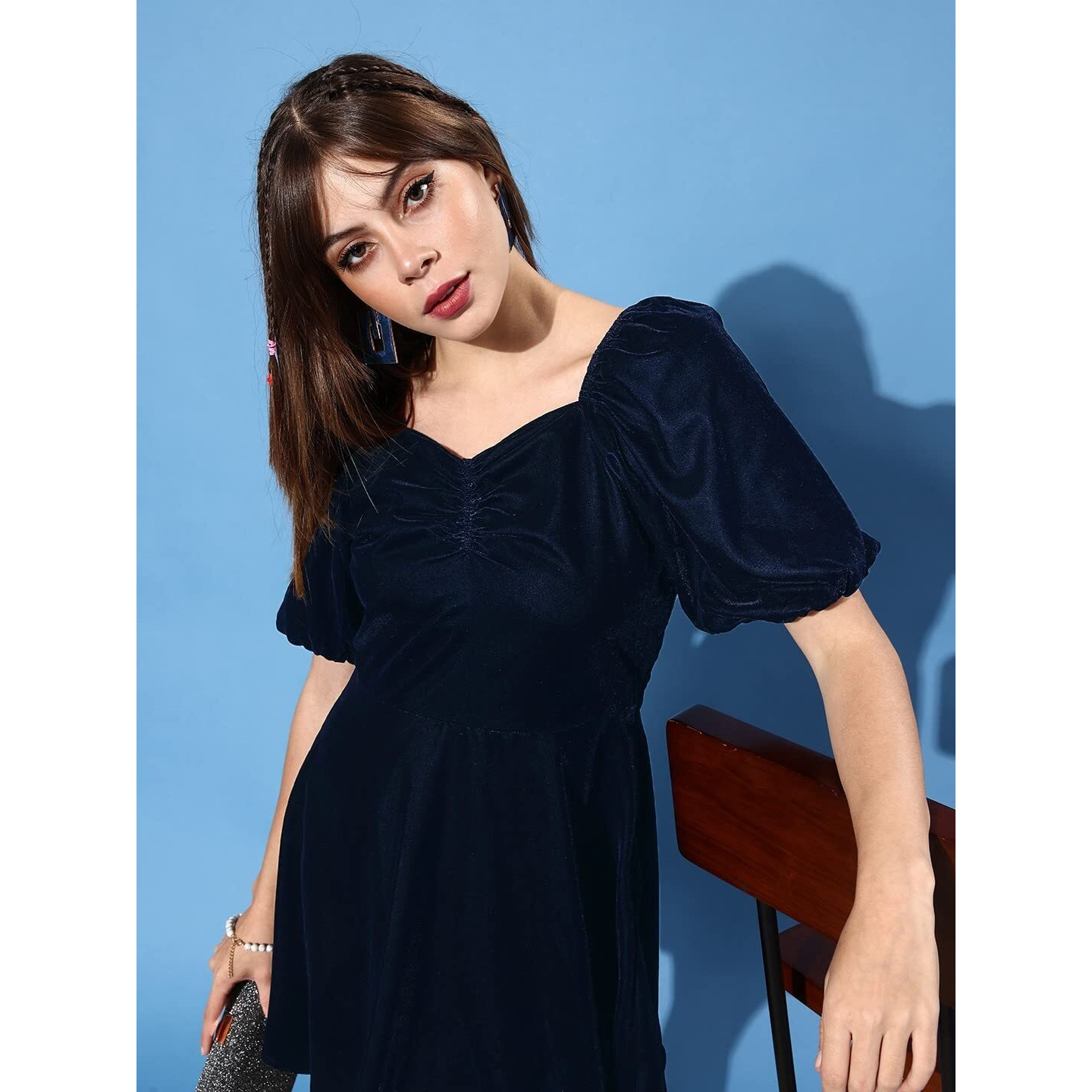 Style Quotient Women Solid Navy Velvet Smart Casual Mini Dress