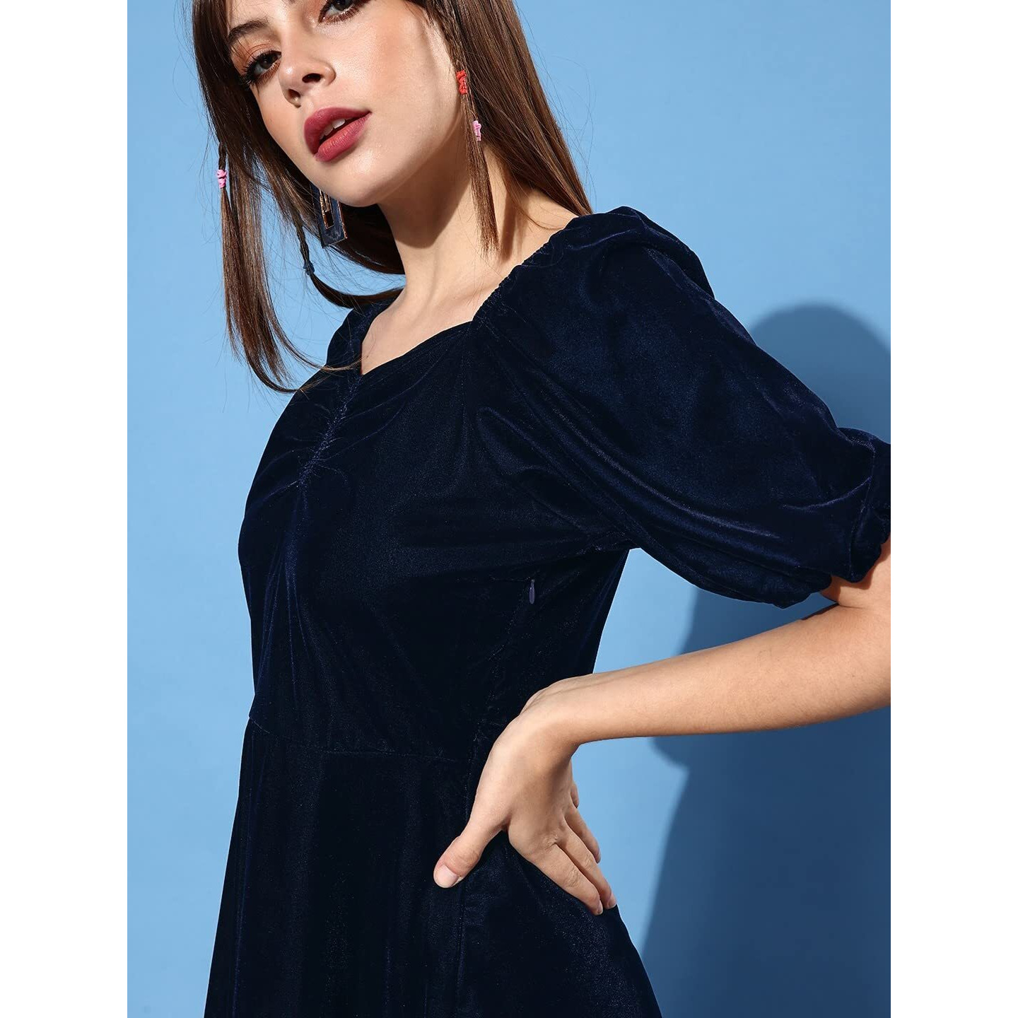 Style Quotient Women Solid Navy Velvet Smart Casual Mini Dress