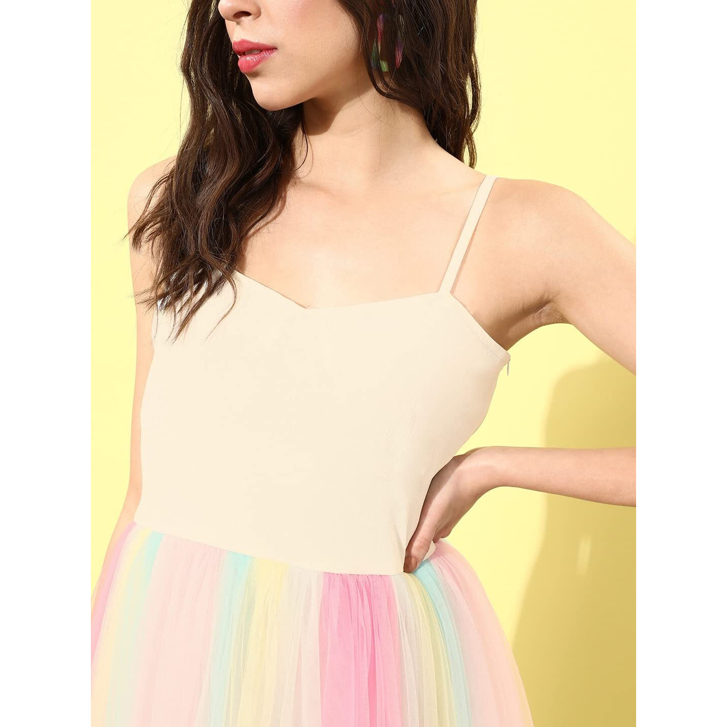 Style Quotient Cream-Coloured Pink Colourblocked Net Dress