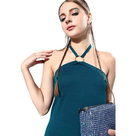 Style Quotient Women Tranquil Teal Solid Halter Neck Dress