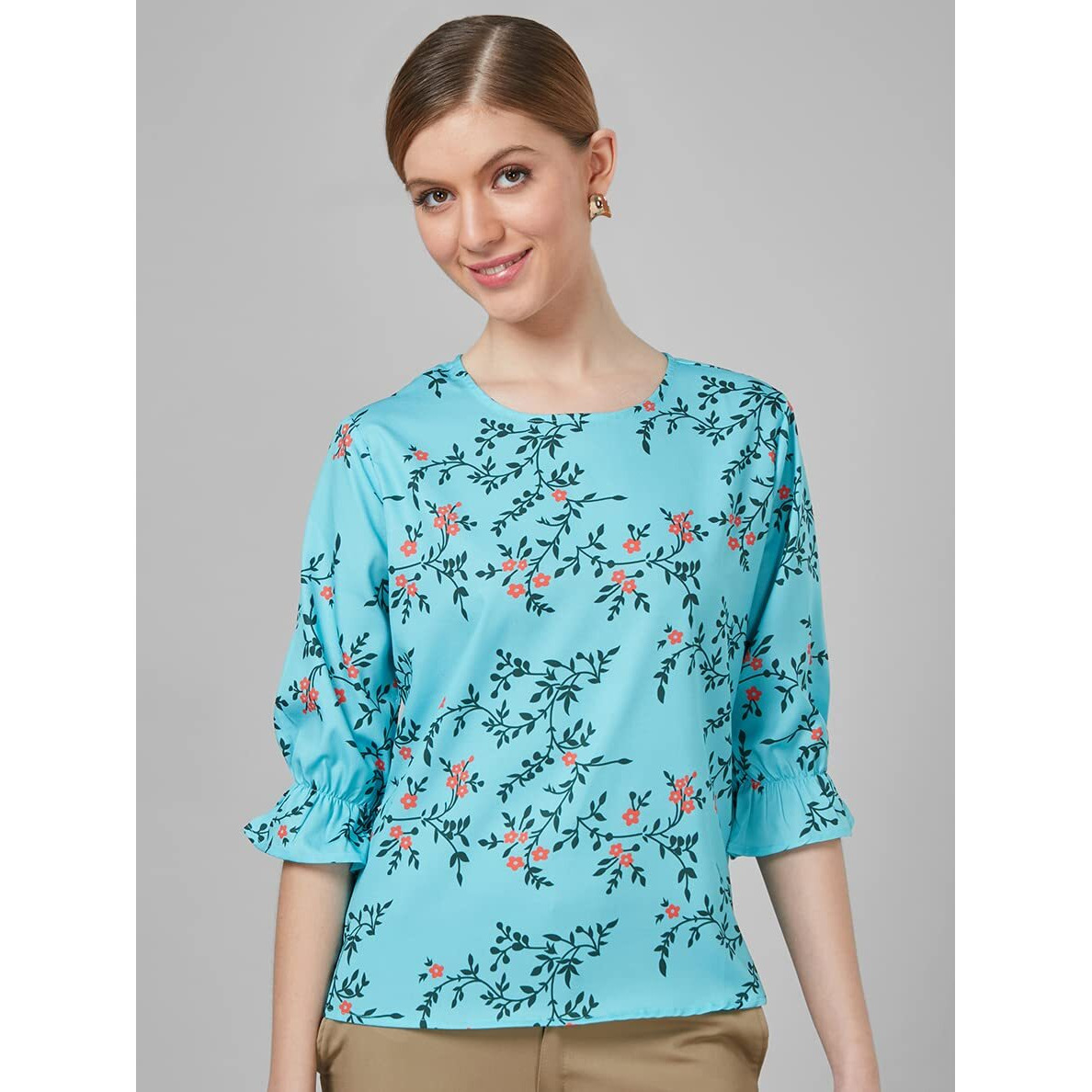 Style Quotient Women Blue And Multi Floral Printed Polyester Smart Casual Top