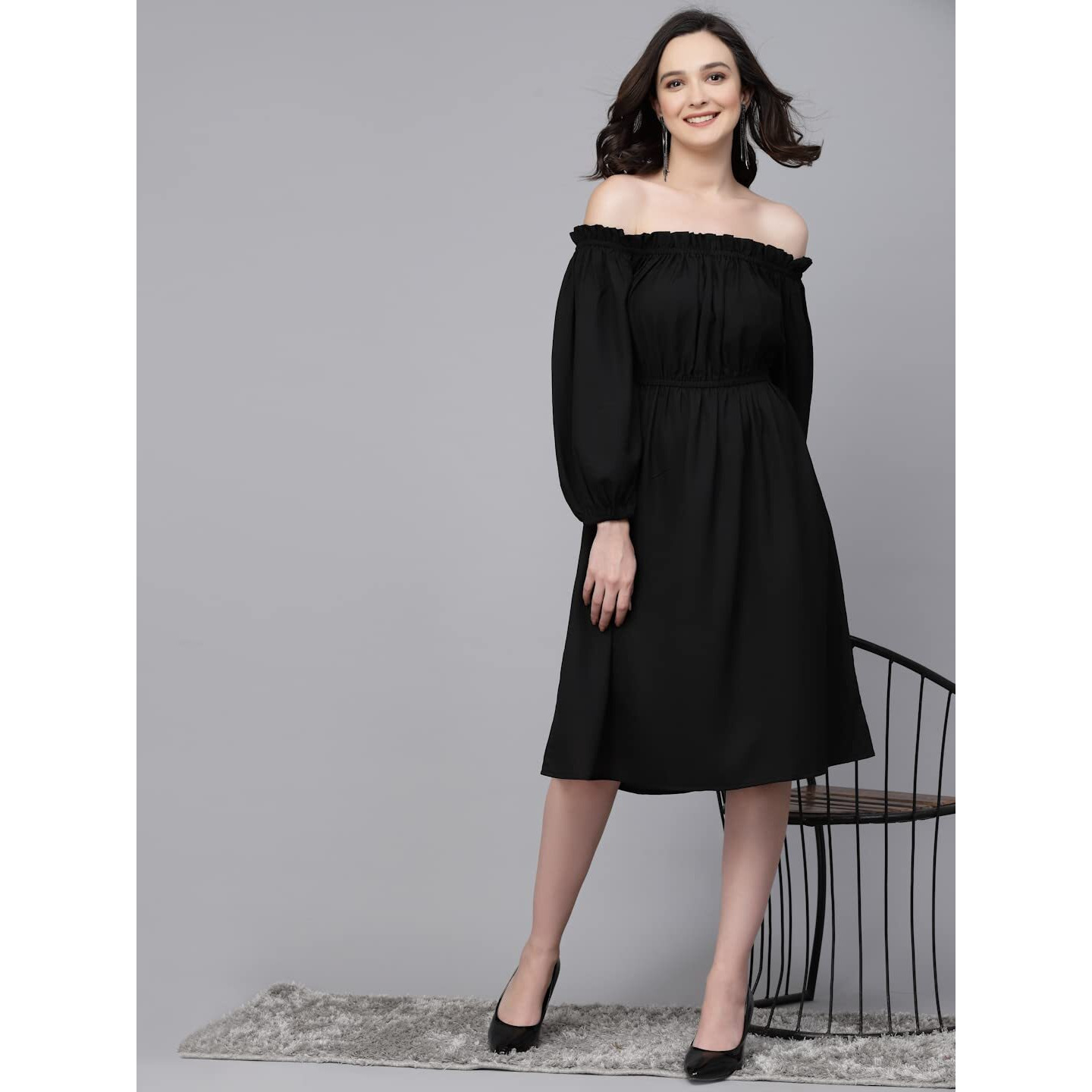 Style Quotient Women Solid Black Polyknit Smart Casual Dress
