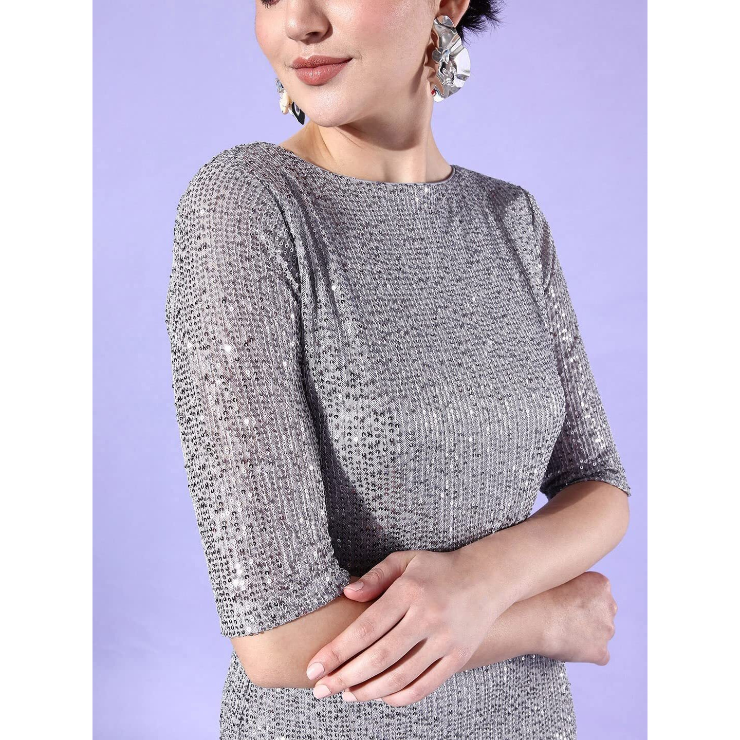 Style Quotient Women Silver Sheath Dress