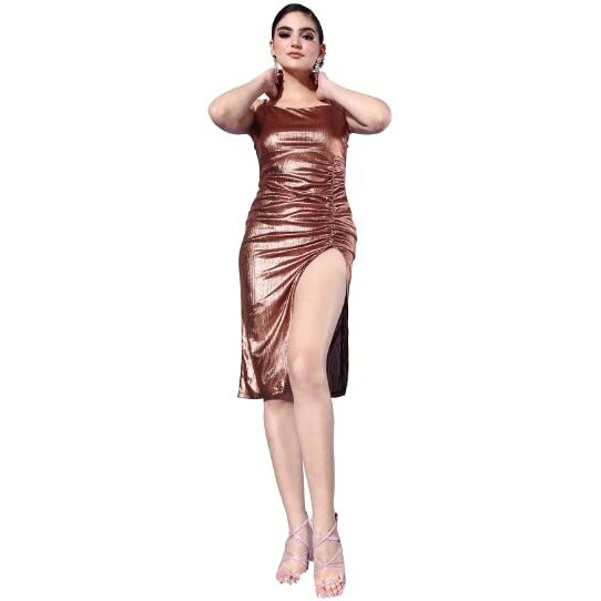 Style Quotient Women Golden Shimmery Ruched Slit Sheath Dress