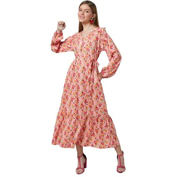 Style Quotient Women Peach And Multi Floral Polyester Fit And Flare Smart Casual Maxi Dress