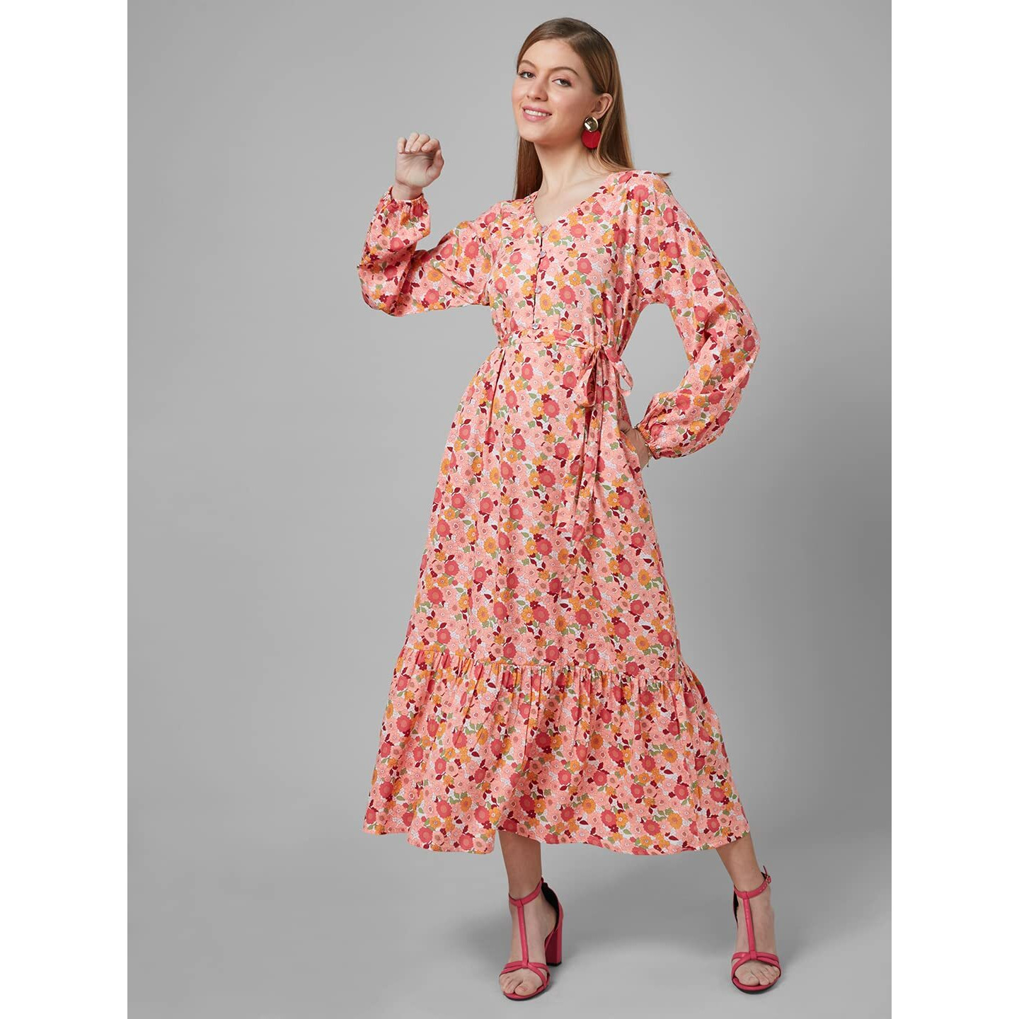 Style Quotient Women Peach And Multi Floral Polyester Fit And Flare Smart Casual Maxi Dress