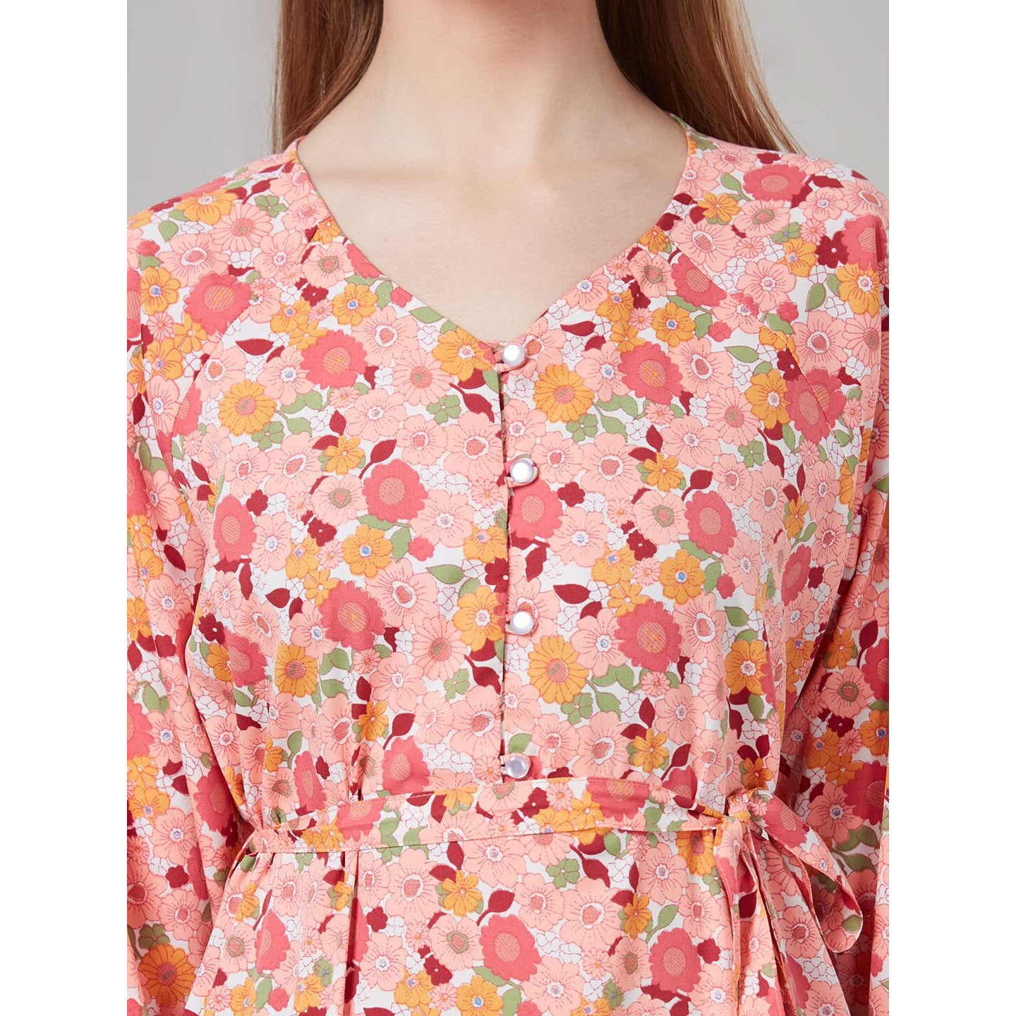 Style Quotient Women Peach And Multi Floral Polyester Fit And Flare Smart Casual Maxi Dress