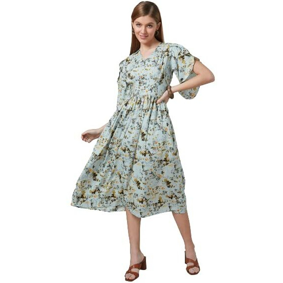 Style Quotient Women Mint Green Floral Polyester Fit And Flare Smart Casual Midi Dress