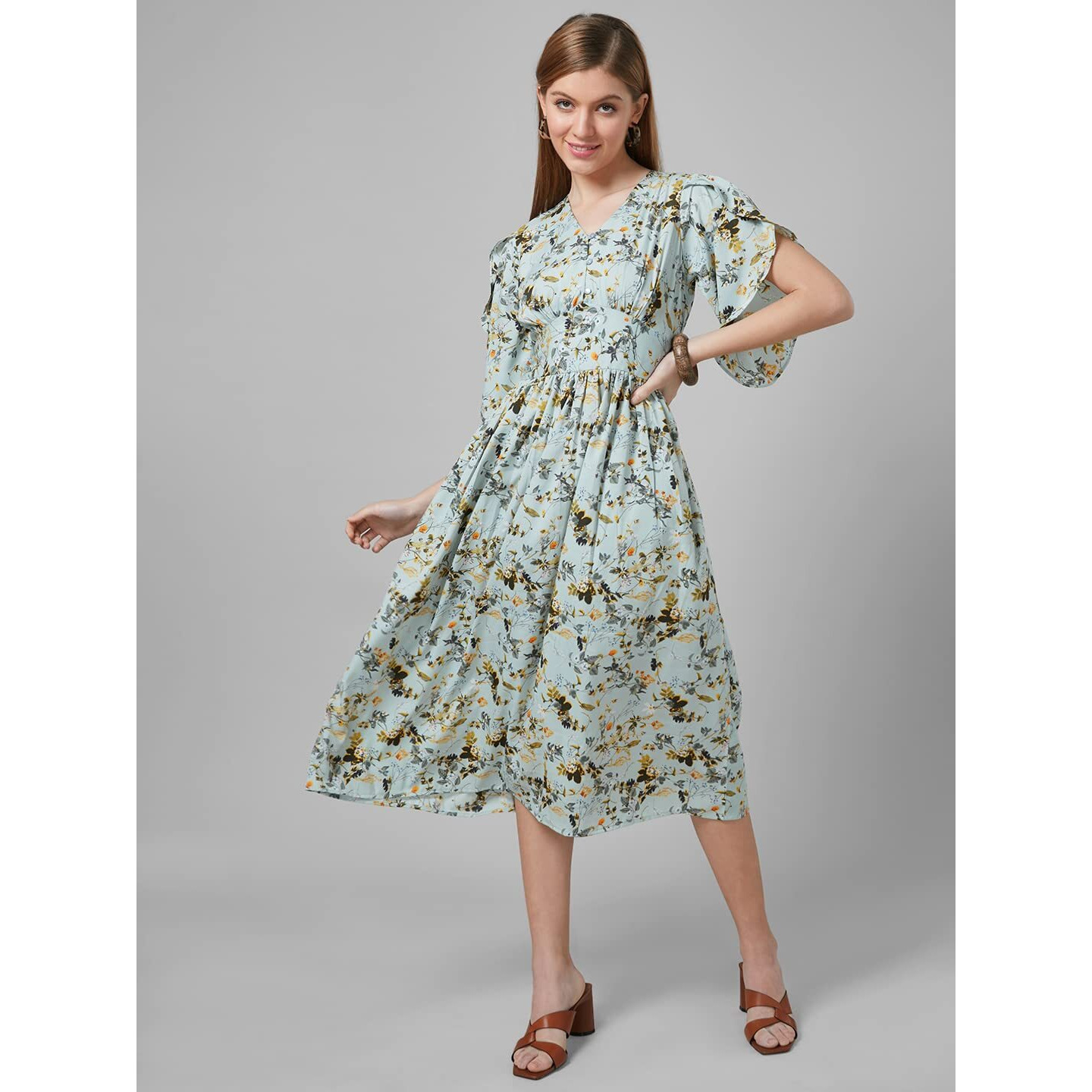 Style Quotient Women Mint Green Floral Polyester Fit And Flare Smart Casual Midi Dress