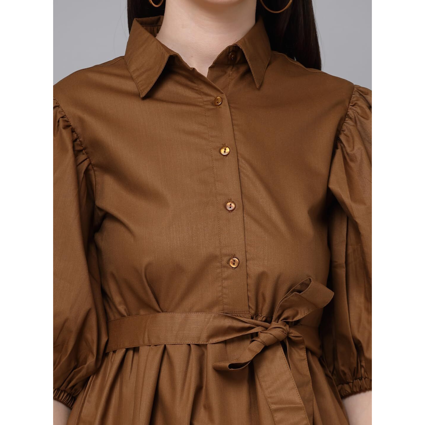 Style Quotient Women Solid Brown Polycotton Smart Casual Dress