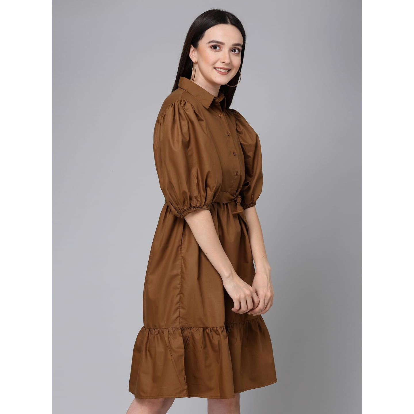 Style Quotient Women Solid Brown Polycotton Smart Casual Dress