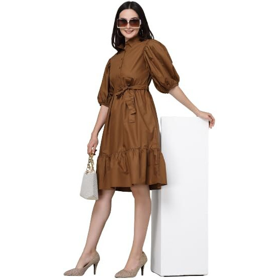 Style Quotient Women Solid Brown Polycotton Smart Casual Dress