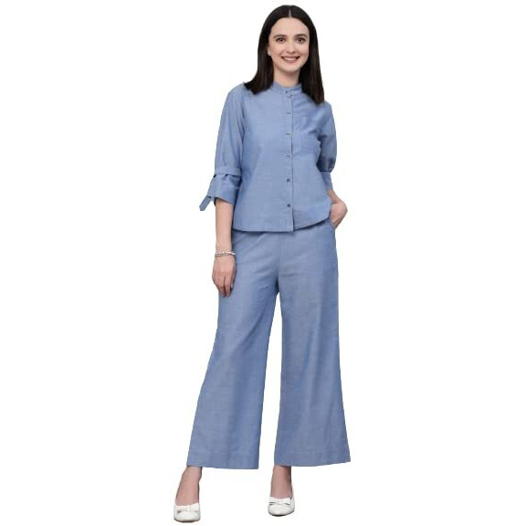 Style Quotient Women Blue Chambray Relax Fit Shit And Pant Co-Ord Set