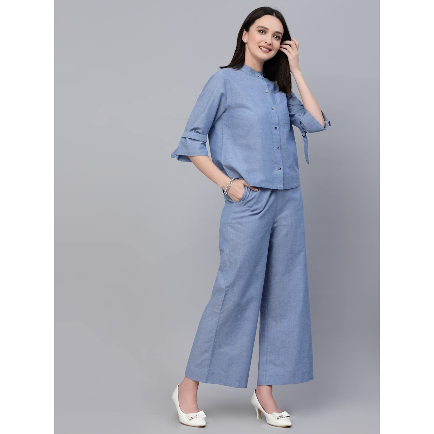 Style Quotient Women Blue Chambray Relax Fit Shit And Pant Co-Ord Set