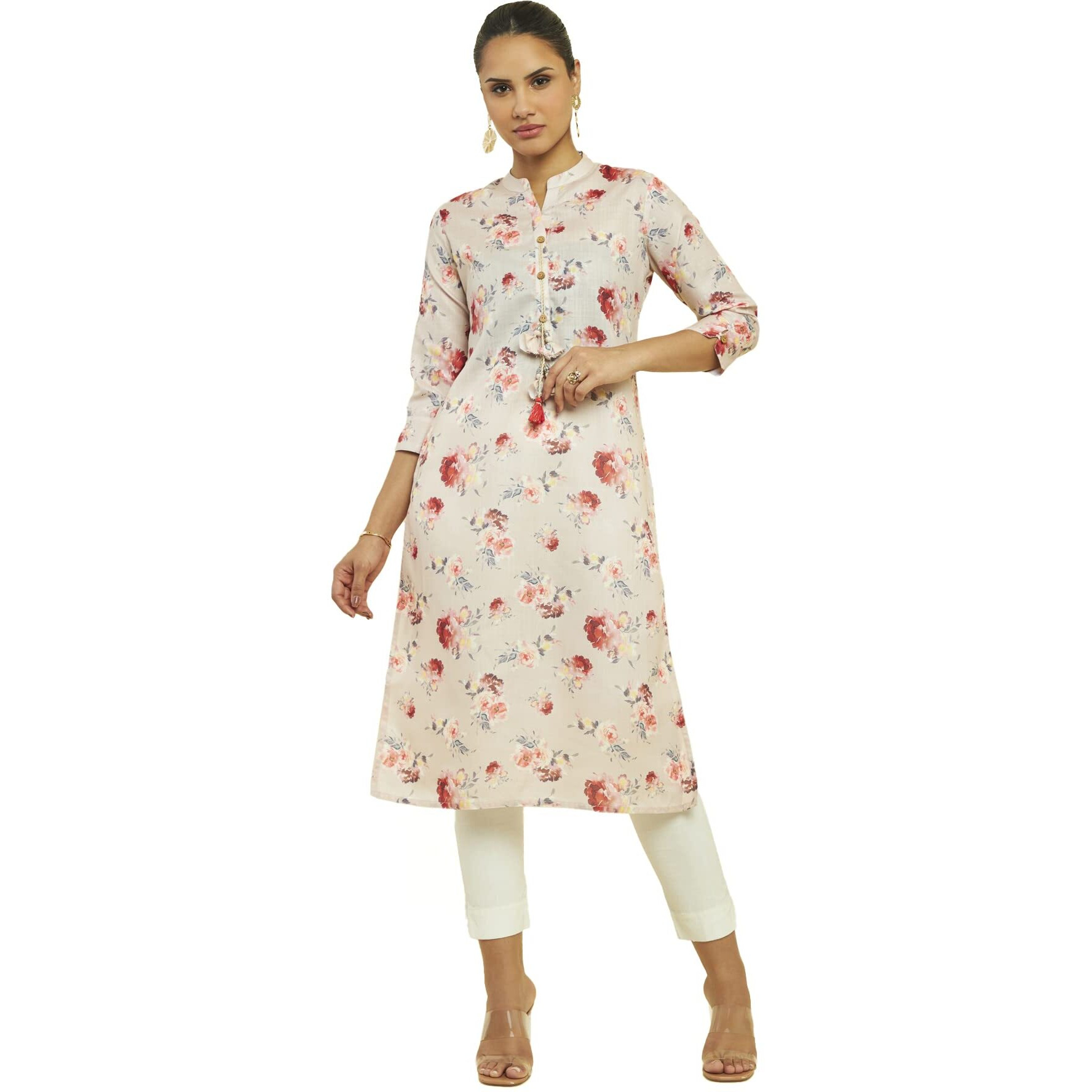 Soch Women Beige Linen Floral Print Kurta(8907175294789_Beige_L)
