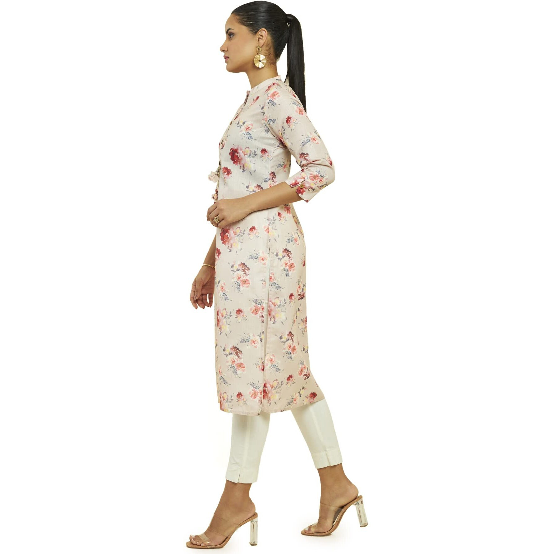 Soch Women Beige Linen Floral Print Kurta(8907175294789_Beige_L)