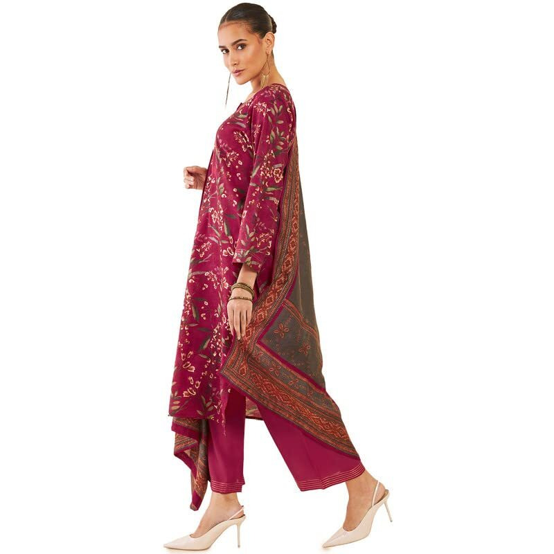 Soch Women Red Muslin Floral Printed Straight Suit Set With Palazzo And Printed Dupatta
