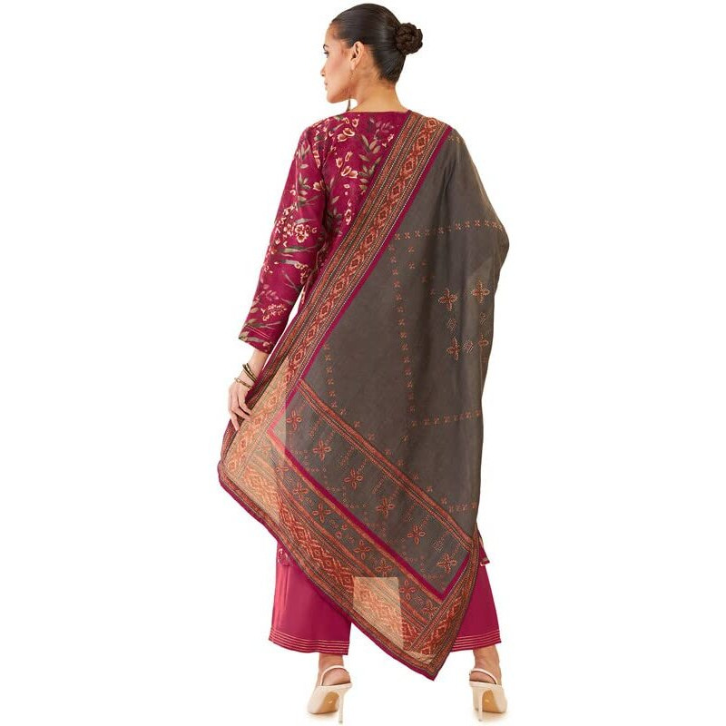 Soch Women Red Muslin Floral Printed Straight Suit Set With Palazzo And Printed Dupatta