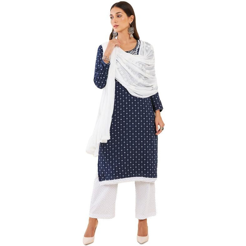 Soch Womens Navy Blue Rayon Unstitched Dress Material With Embroidery And Geometric Print