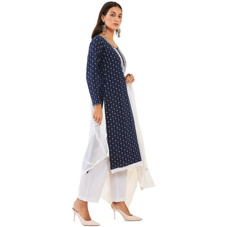 Soch Womens Navy Blue Rayon Unstitched Dress Material With Embroidery And Geometric Print