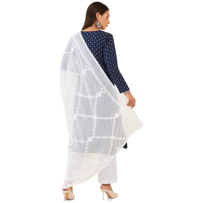 Soch Womens Navy Blue Rayon Unstitched Dress Material With Embroidery And Geometric Print