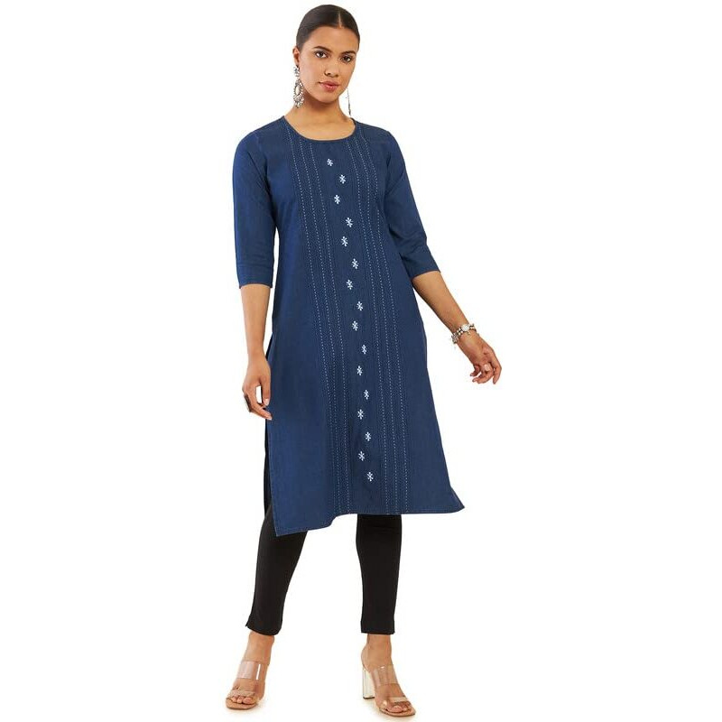 Soch Women Blue Cotton Blend Straight Kurta With Embroidered Motifs And Stripes