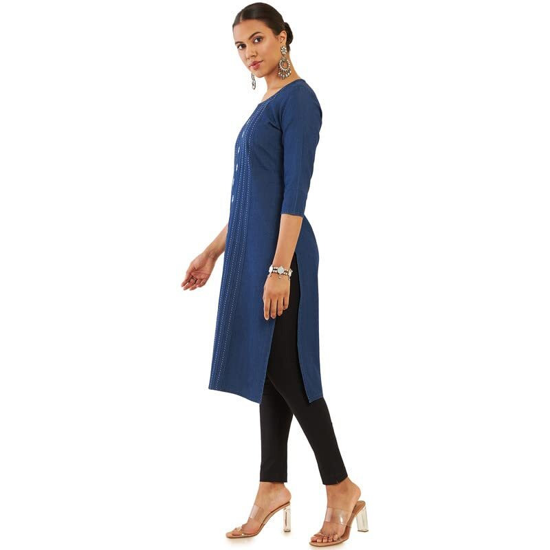 Soch Women Blue Cotton Blend Straight Kurta With Embroidered Motifs And Stripes