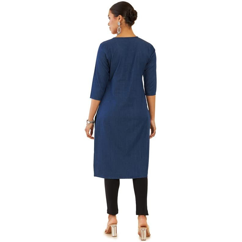 Soch Women Blue Cotton Blend Straight Kurta With Embroidered Motifs And Stripes