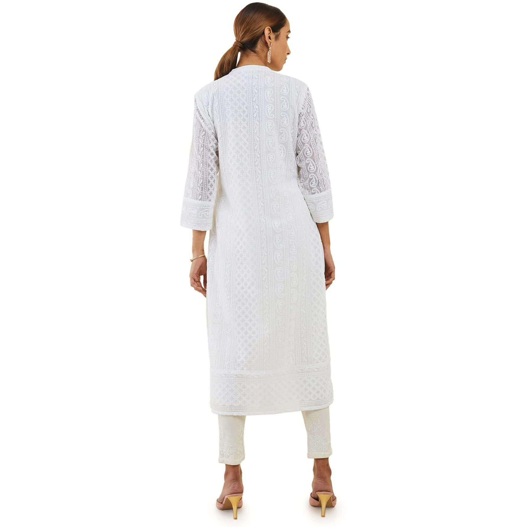 Soch Womens Off White Georgette Straight Kurta With Self Embroidered Designs