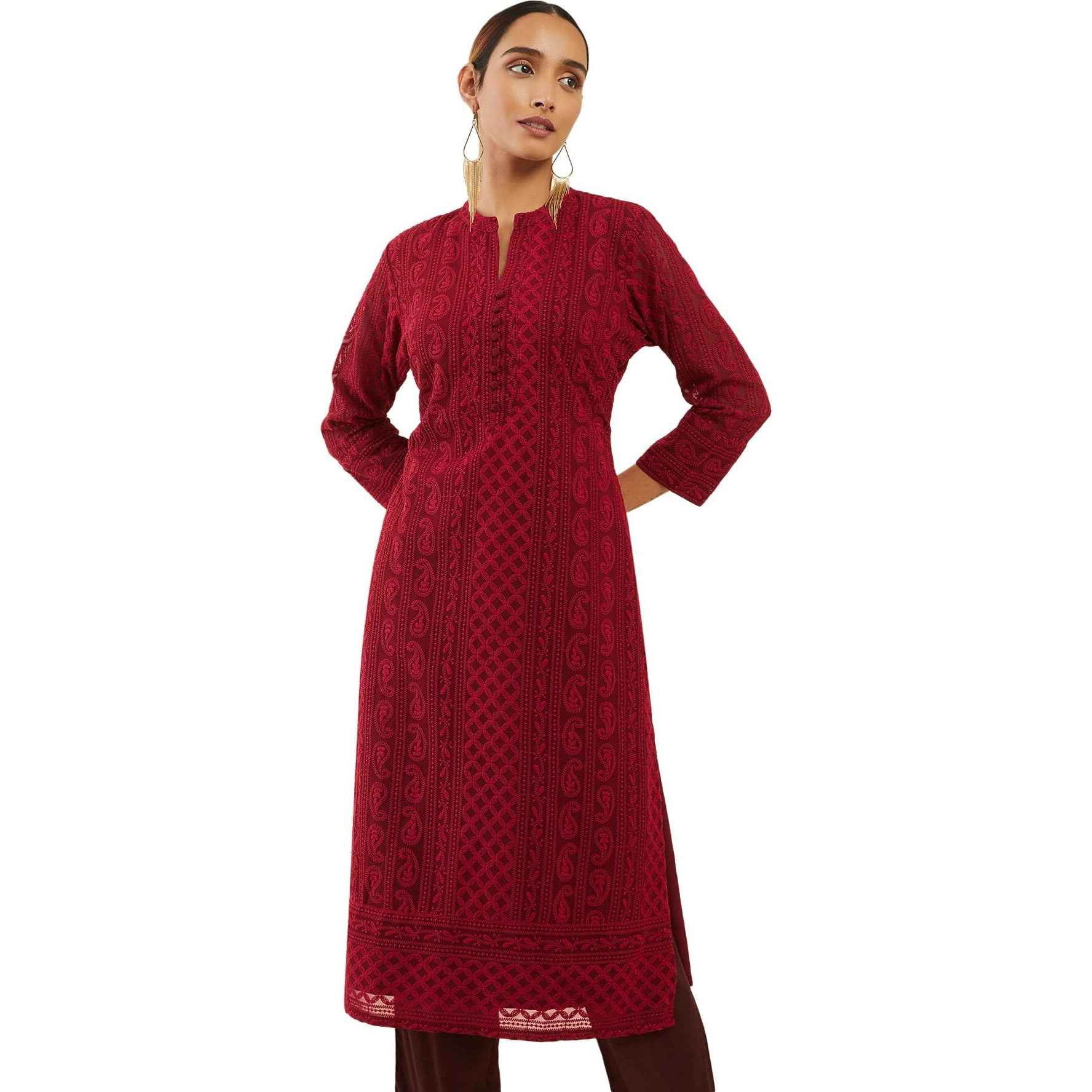 Maroon Georgette Straight Kurta With Self Embroidered Designs(8907175419007_Maroon_Medium)