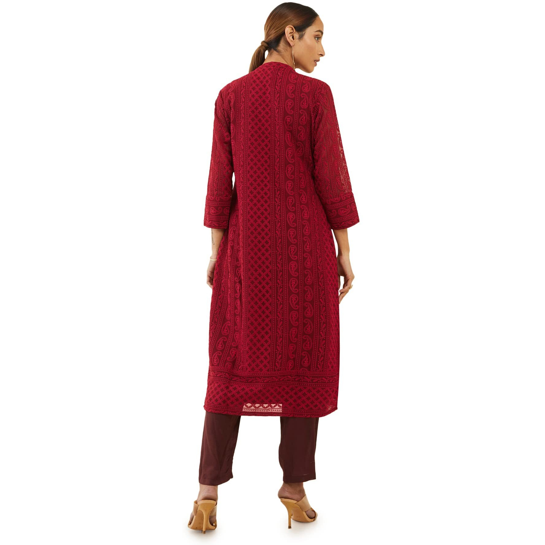 Maroon Georgette Straight Kurta With Self Embroidered Designs(8907175419007_Maroon_Medium)