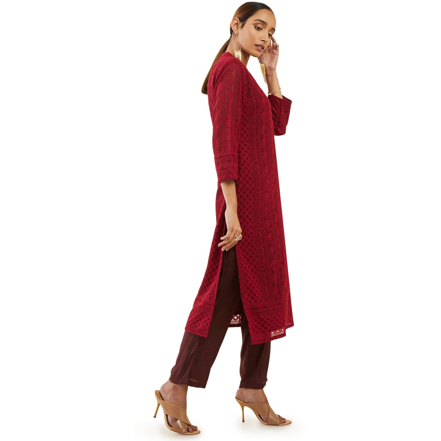 Maroon Georgette Straight Kurta With Self Embroidered Designs(8907175419007_Maroon_Medium)