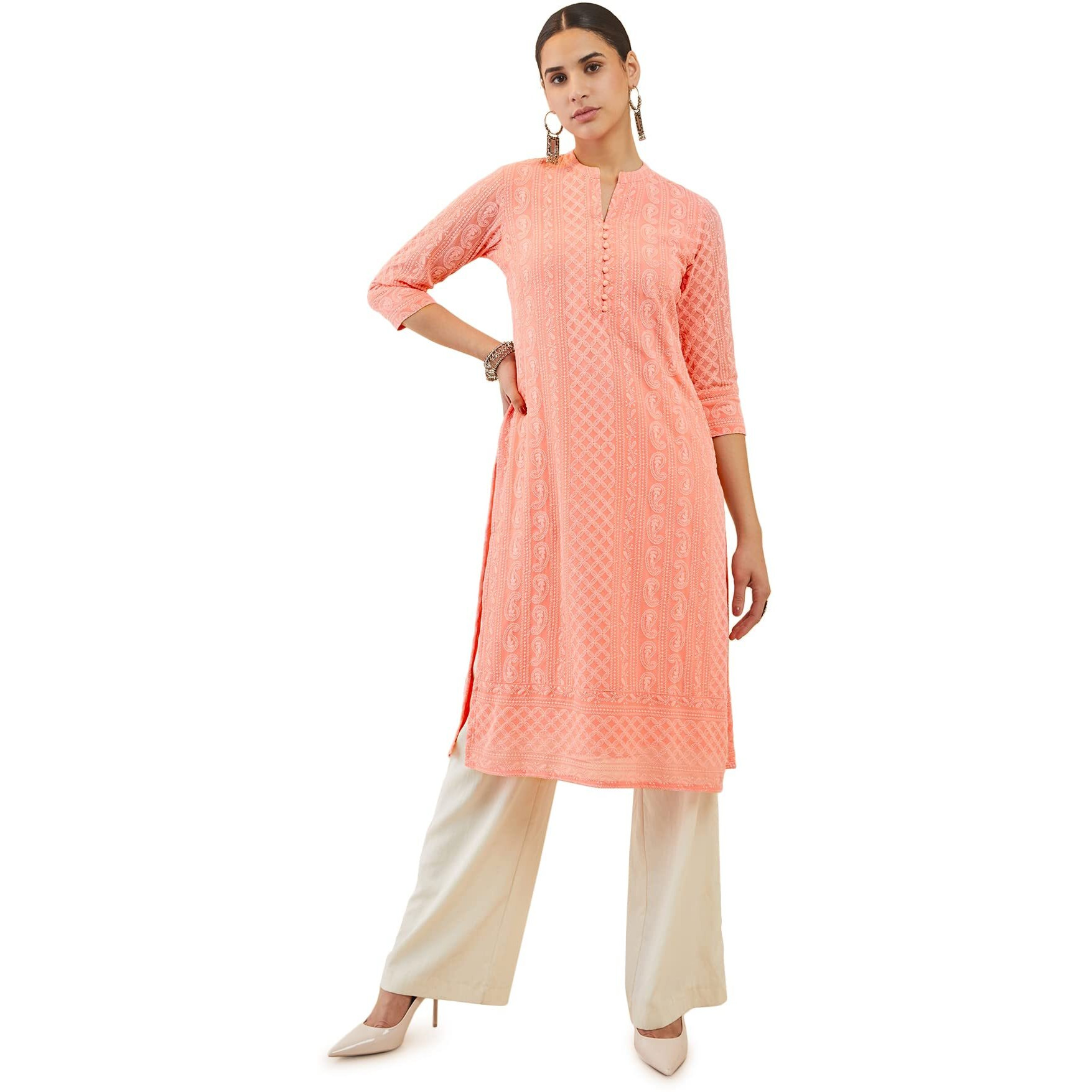 Soch Women Pink Georgette Embroidered Kurta(8907175419120_Pink_X-Large)