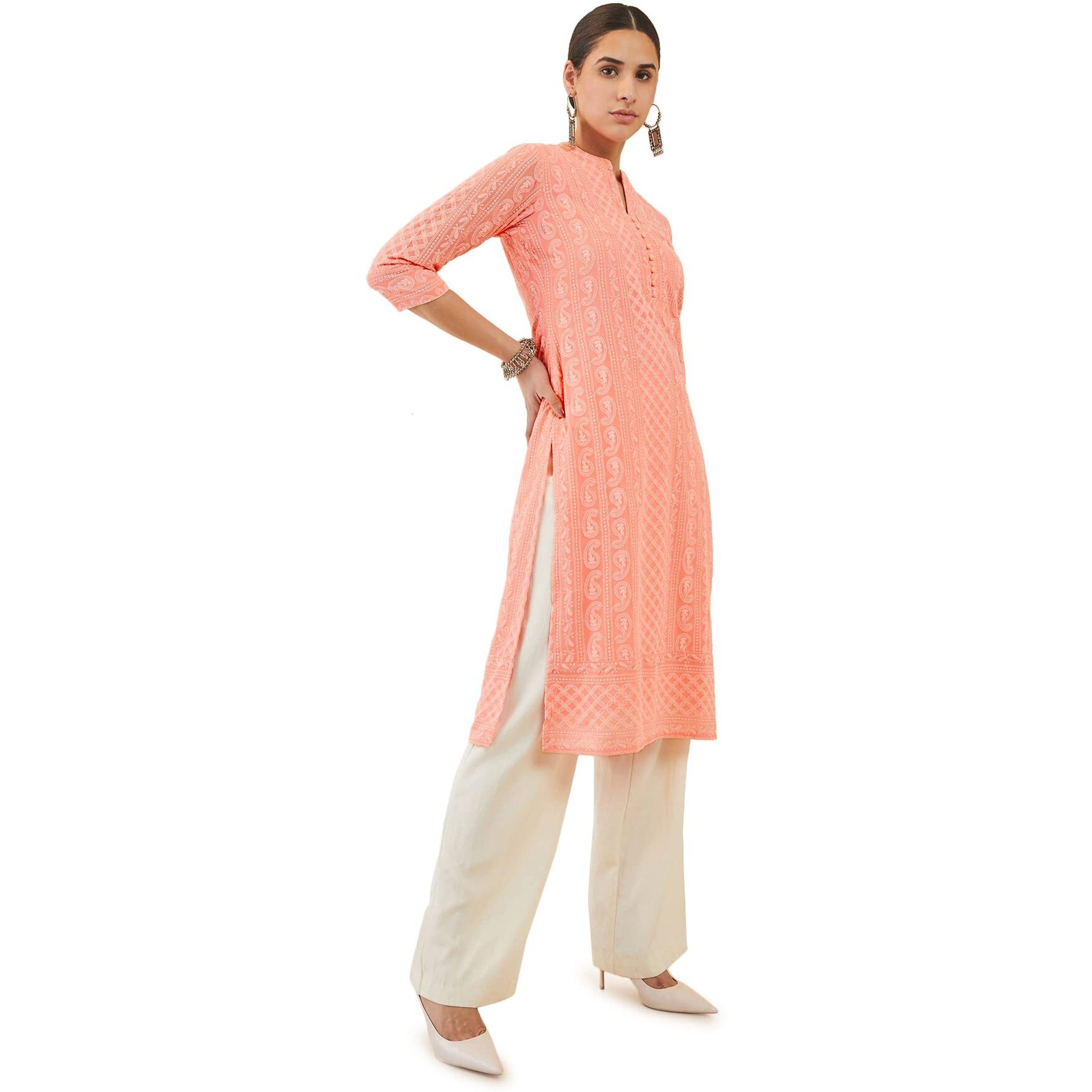 Soch Women Pink Georgette Embroidered Kurta(8907175419120_Pink_X-Large)