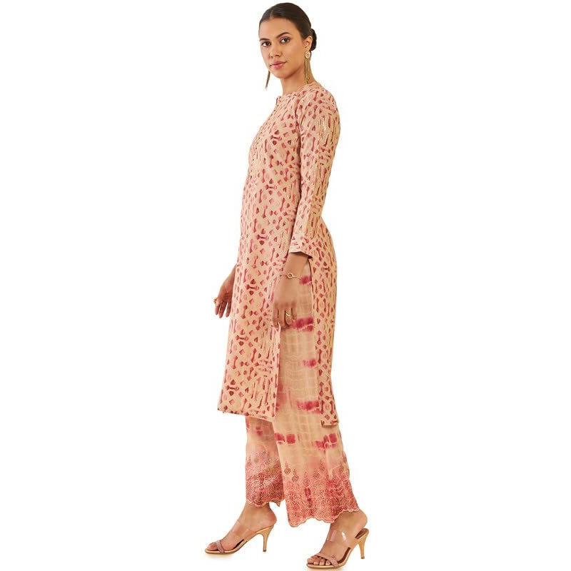 Soch Women Beige Muslin Printed Straight Kurta Set With Hand Embroidery And Scallop Palazzo