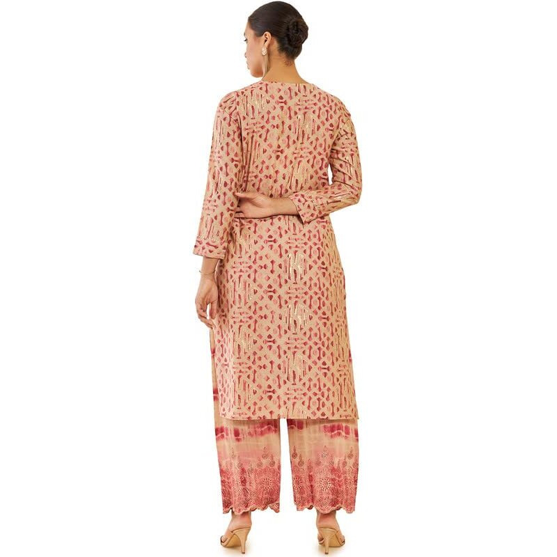 Soch Women Beige Muslin Printed Straight Kurta Set With Hand Embroidery And Scallop Palazzo