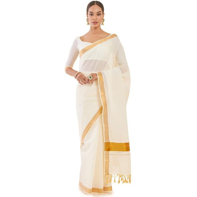 Soch Womens Off White Cotton Kasavu Saree With Zari Borders