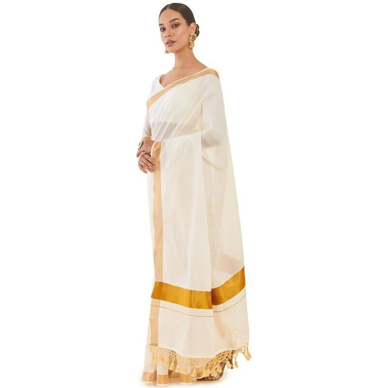 Soch Womens Off White Cotton Kasavu Saree With Zari Borders