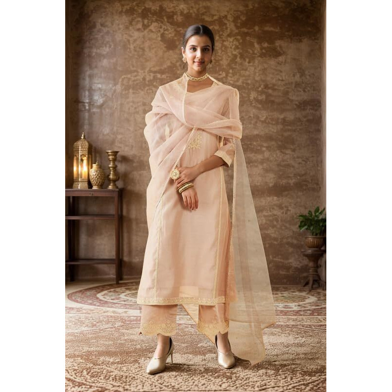 Soch Womens Onion Pink Chanderi Thread Embroidered A-Line Suit Set With Dupatta