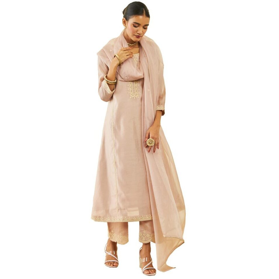 Soch Womens Onion Pink Chanderi Thread Embroidered A-Line Suit Set With Dupatta