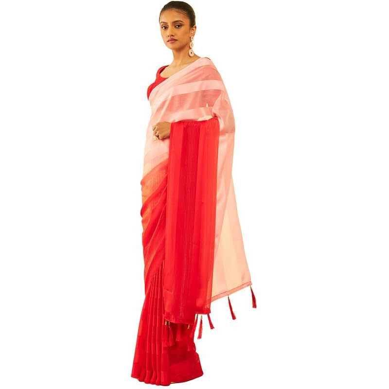 Soch Womens Red Chiffon Striped Saree With Tassels(8907175513422)
