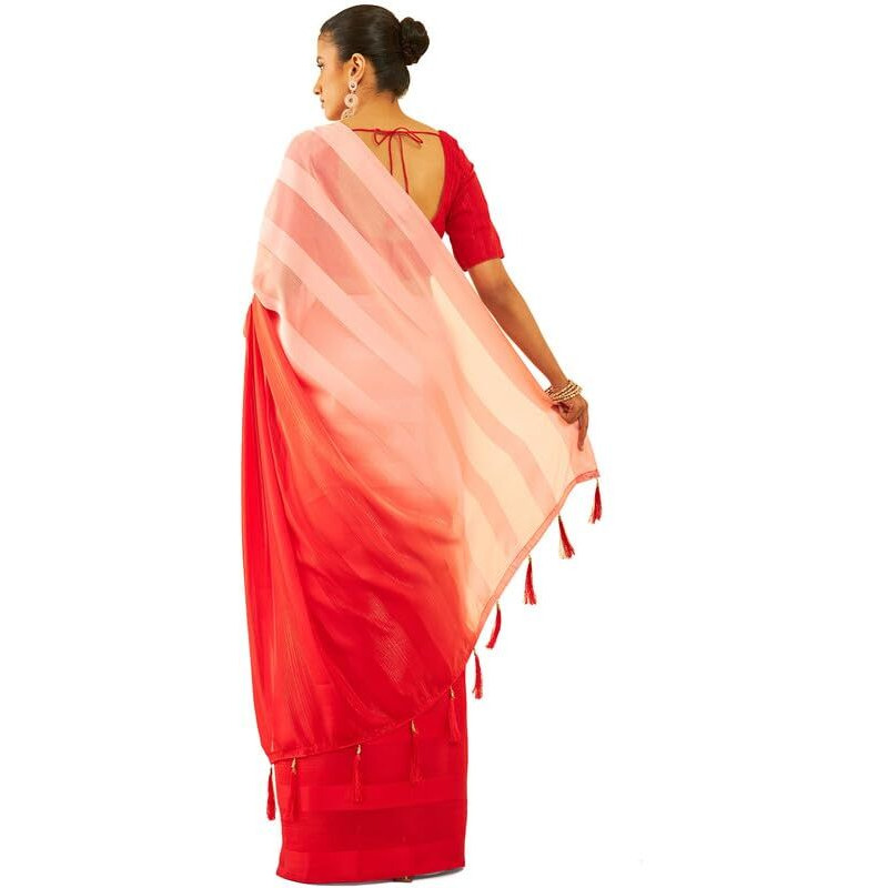 Soch Womens Red Chiffon Striped Saree With Tassels(8907175513422)