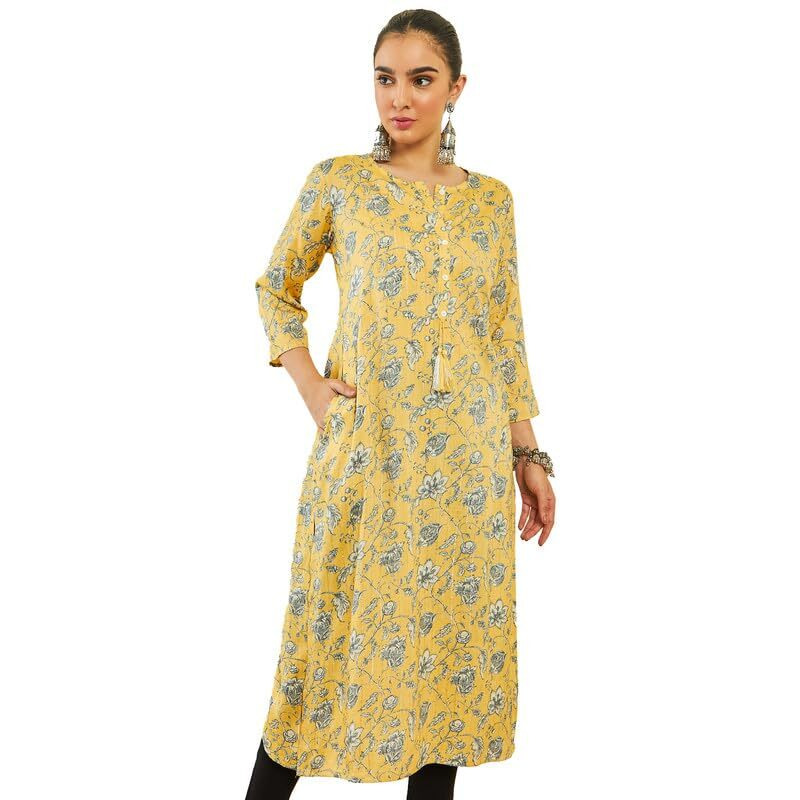 Soch Womens Yellow Rayon Botanical Print Straight Kurta With Pocket